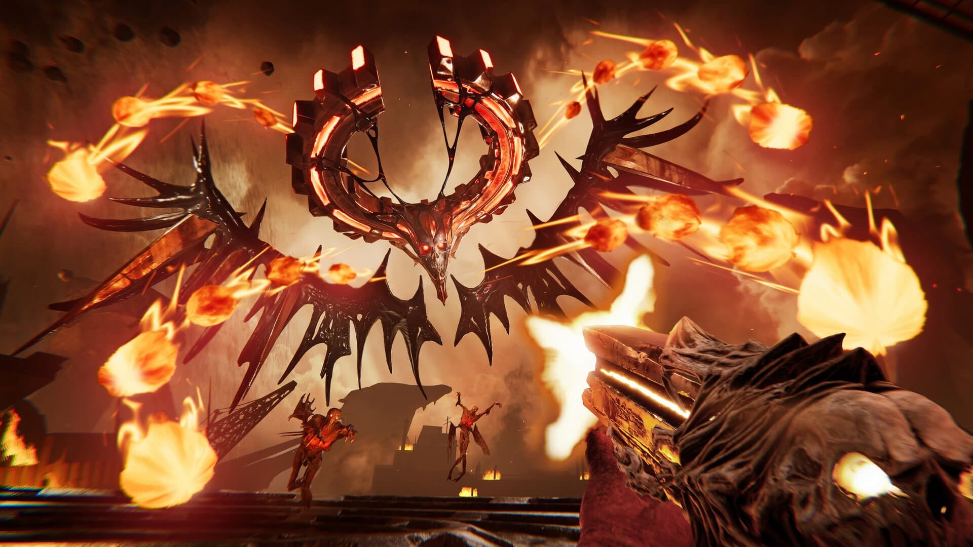 Metal Hellsinger steam screenshot where we see a player blasting at a giant metal demon with wings in a blaze of fire and glory,Metal: Hellsinger accessibility update